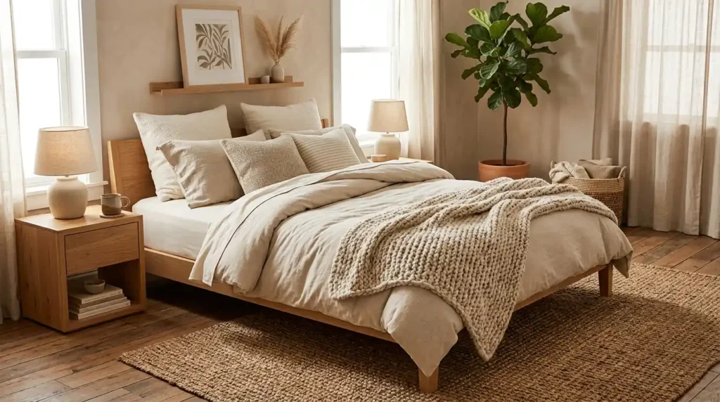 Bedroom with layered organic bed