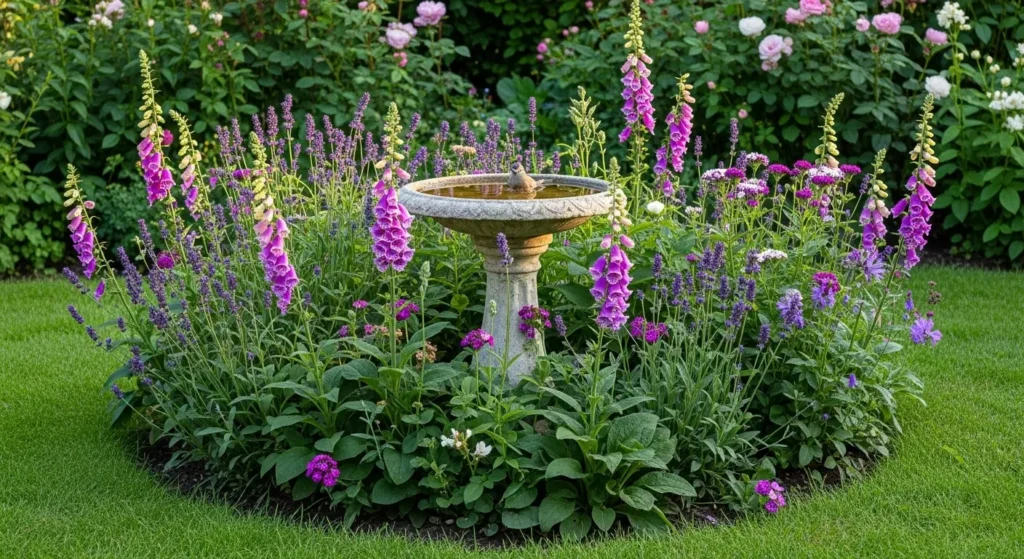 Bird bath in cottage garden