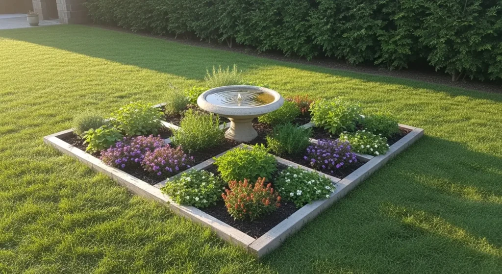 Bird bath in raised garden