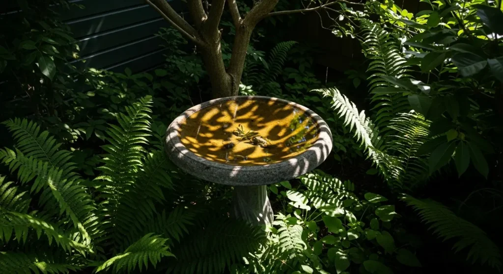 Bird bath in shaded garden