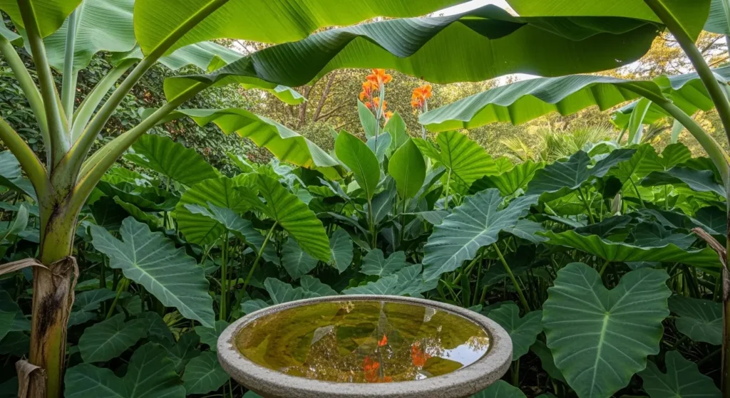 Bird bath in tropical garden