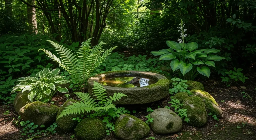 Bird bath in woodland garden