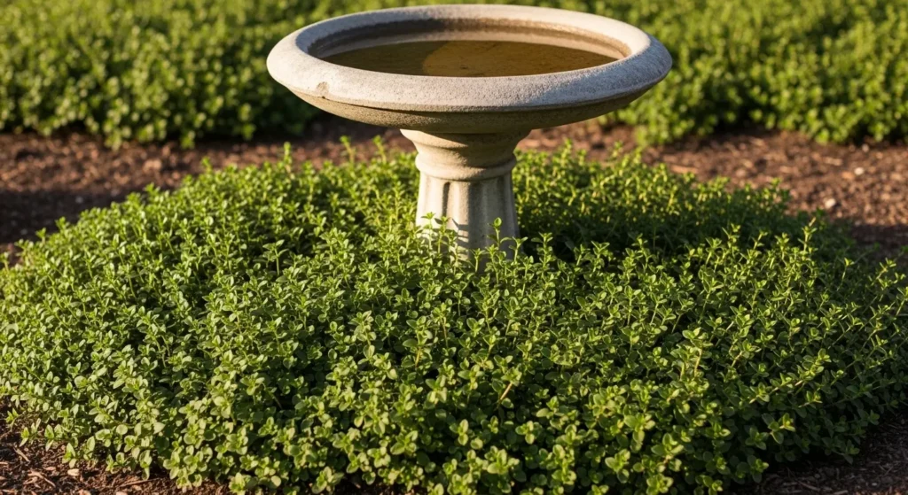 Bird bath with ground cover