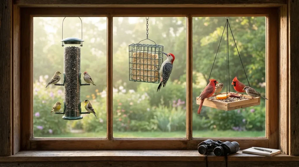 Bird feeder types at window