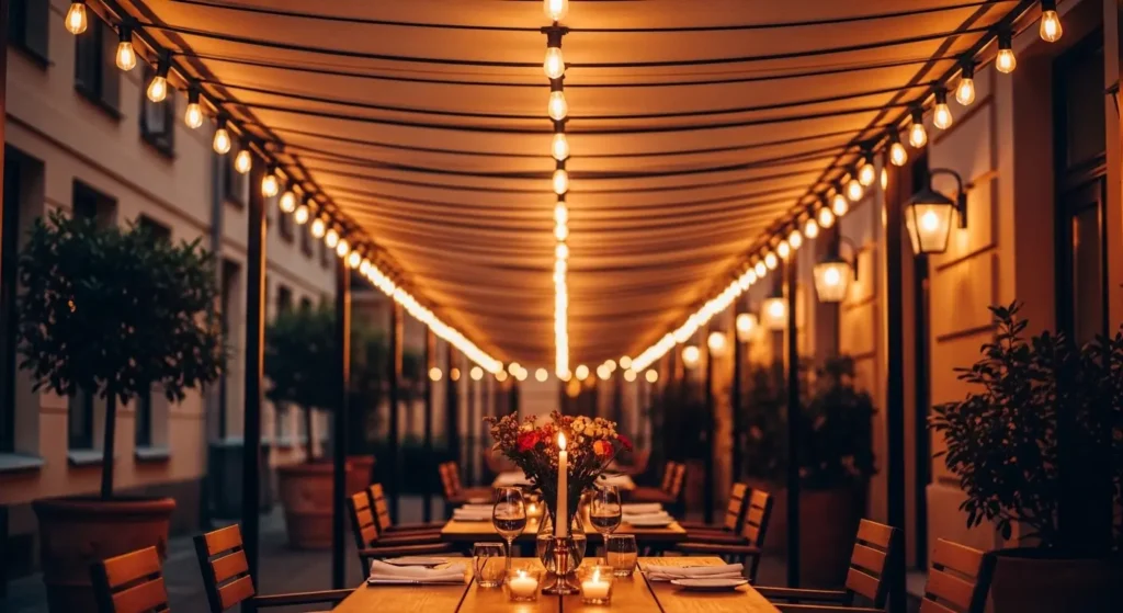Bistro lights over outdoor dining