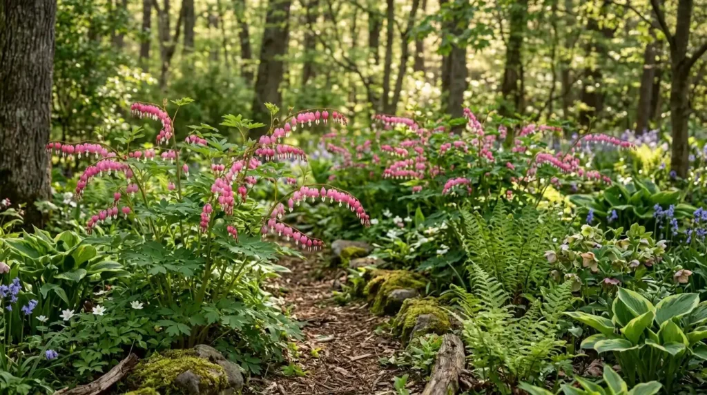 Bleeding heart flowers in shade