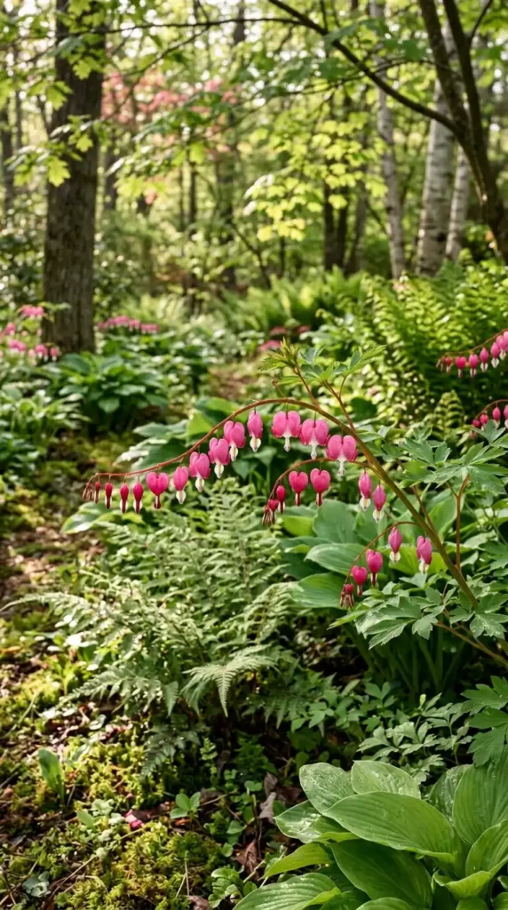 Bleeding heart flowers in shade
