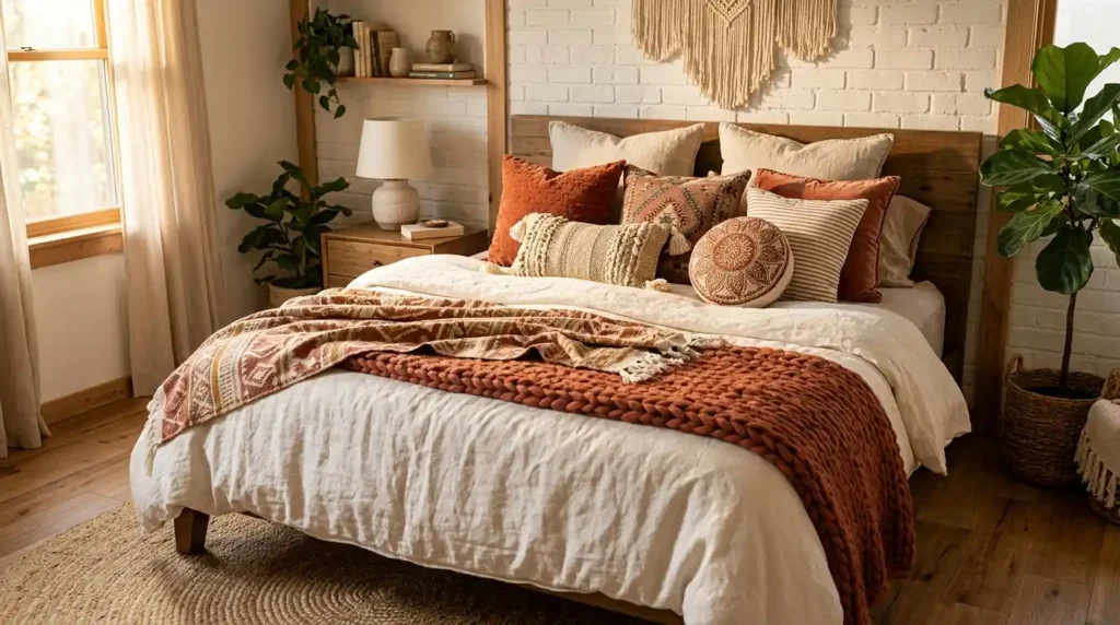 Boho bedroom layered bedding