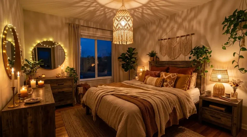 Boho bedroom layered lighting ideas