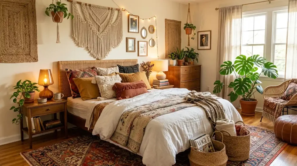 Boho bedroom layered textiles rug
