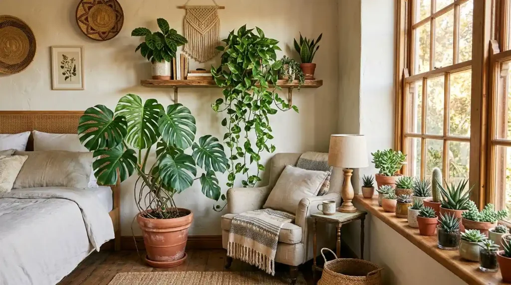 Boho bedroom plants at heights