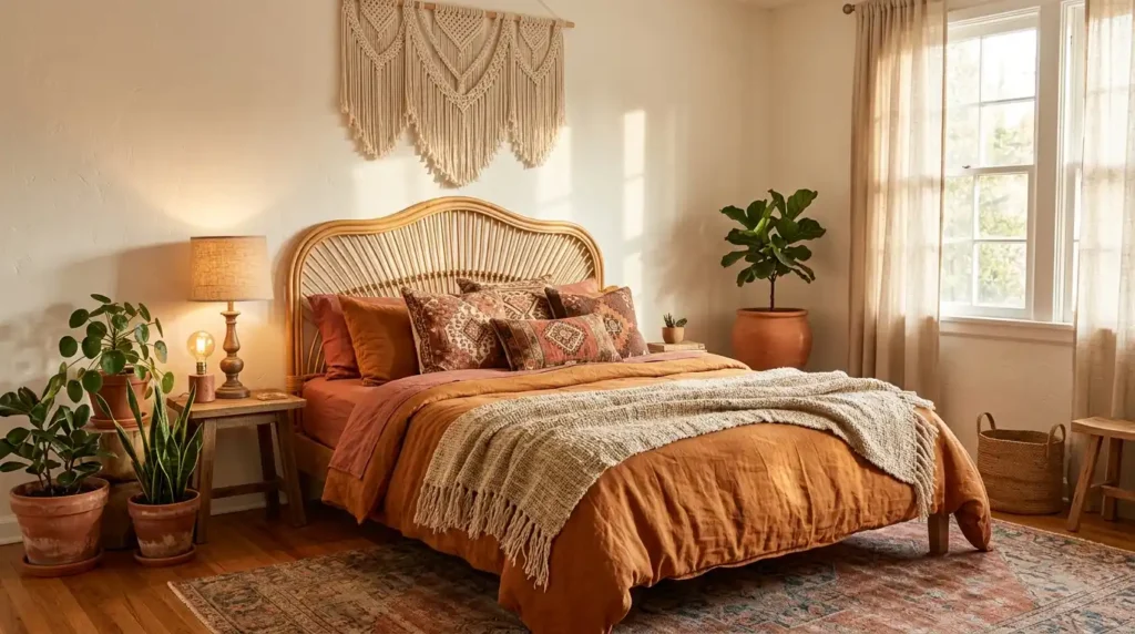 Boho bedroom with rattan headboard