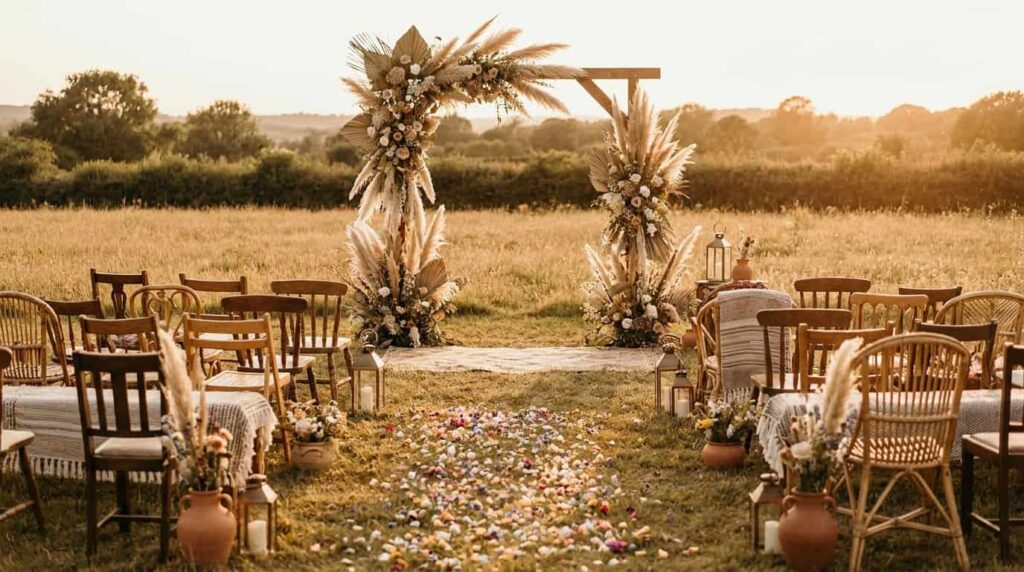Boho wedding ceremony setup wood