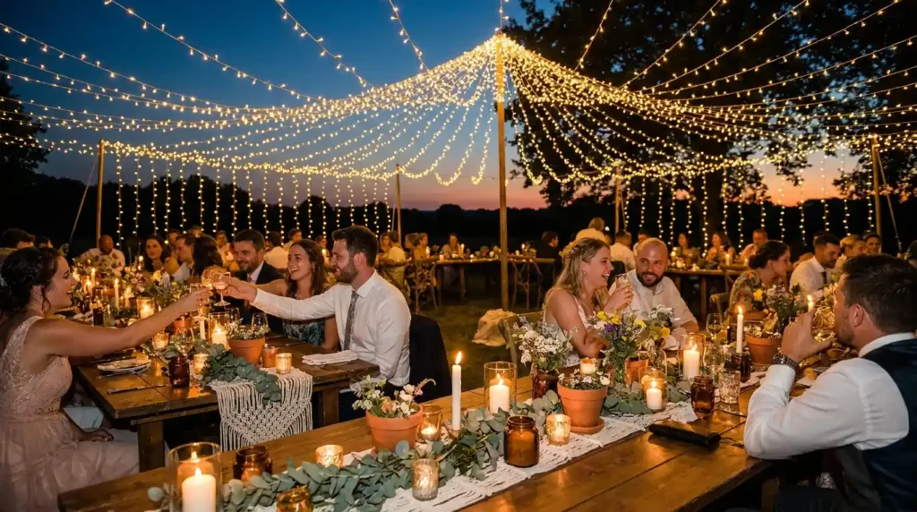 Boho wedding reception fairy lights