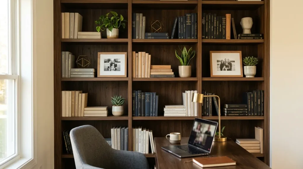 Bookshelf behind desk decor