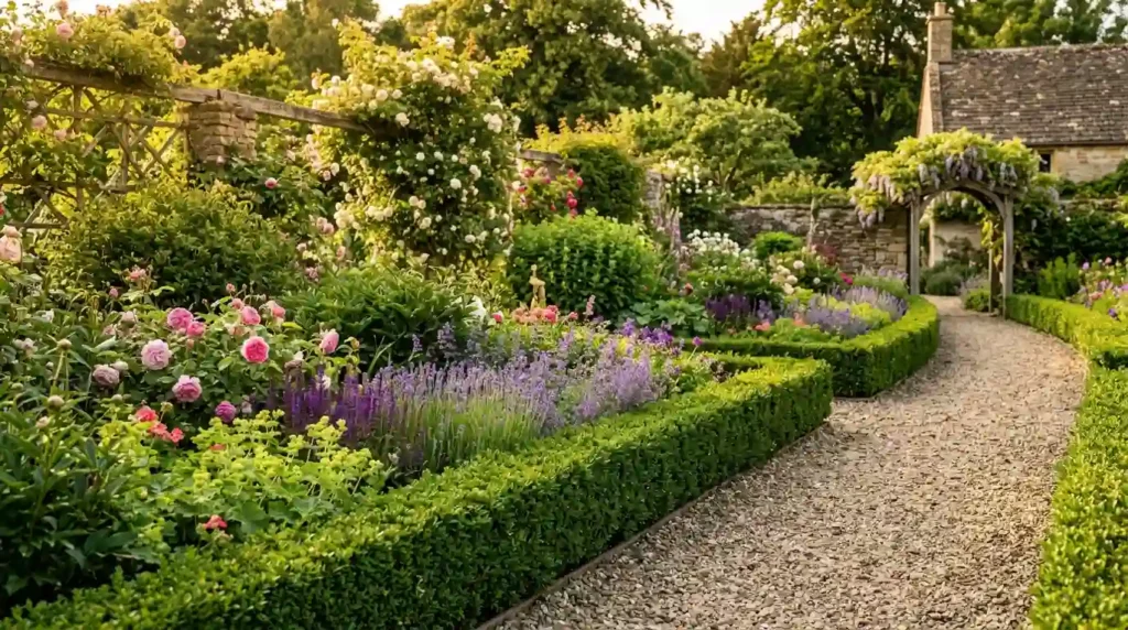 Boxwood lavender hedge garden path