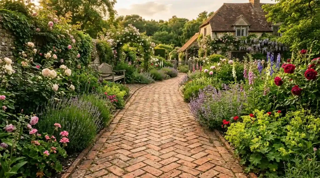 Brick herringbone garden path