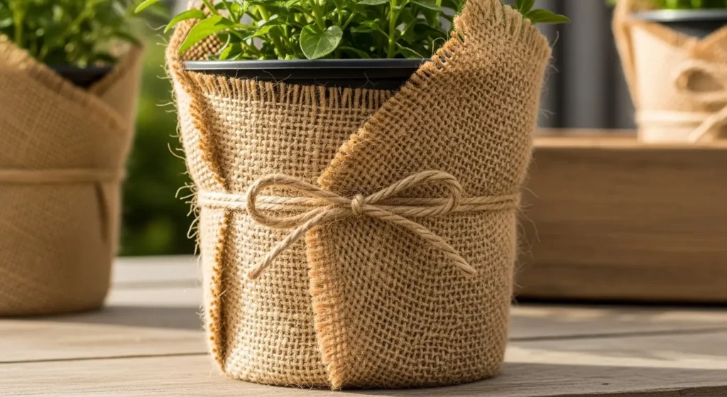 Burlap wrapped planter pot display