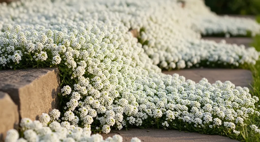 Carpet of white alyssum flowers