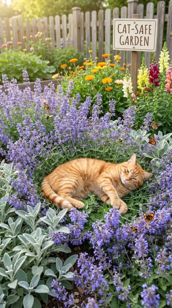Cat playing in catmint garden