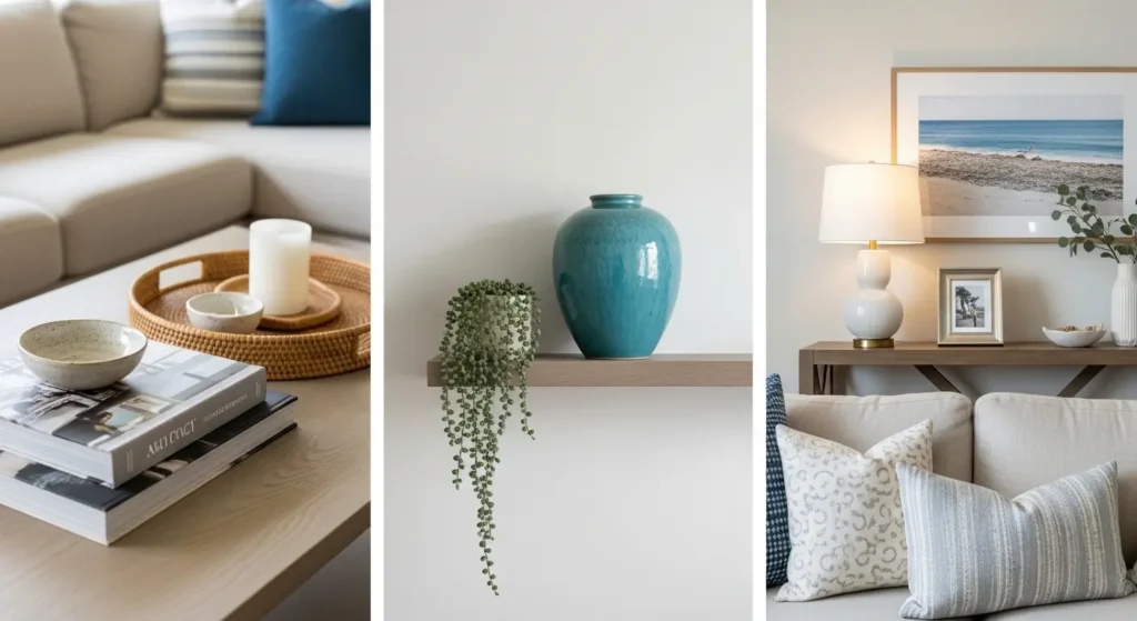 Coastal chic living room vignettes