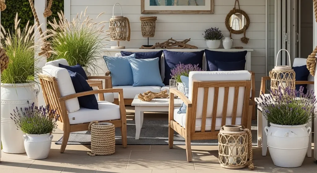 Coastal patio with blue cushions