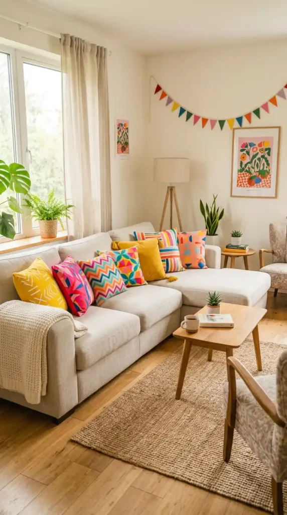 Colorful pillows on neutral sofa