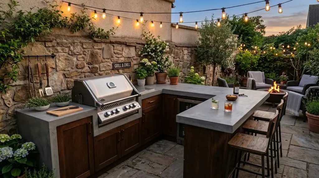 Compact L-shaped outdoor kitchen