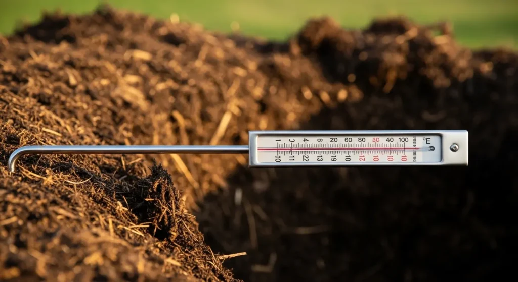 Compost thermometer in compost heap