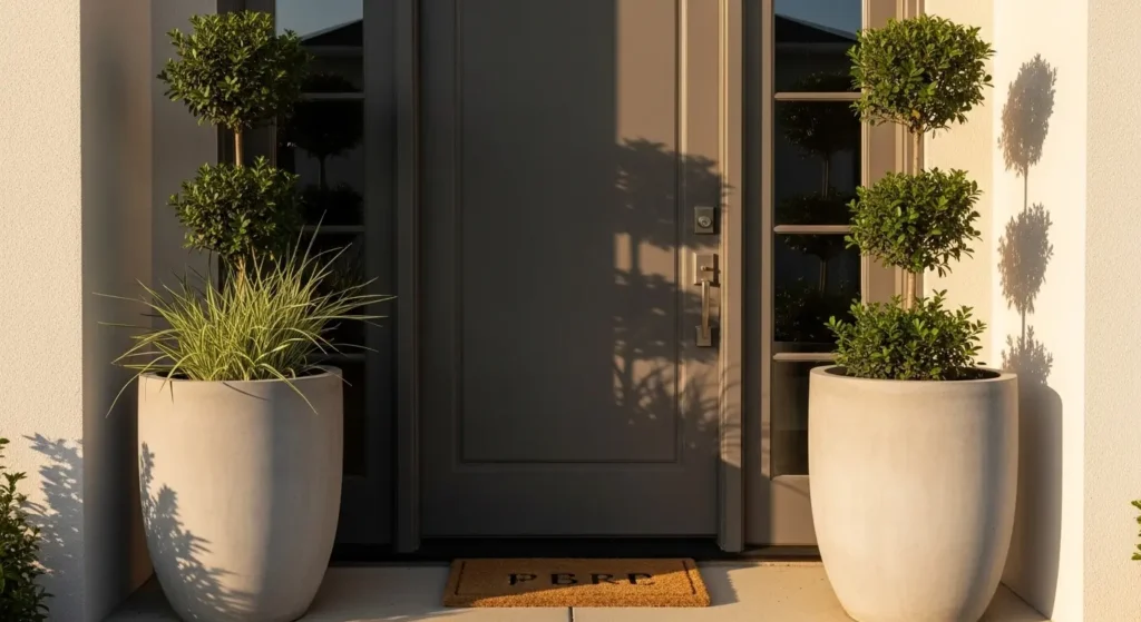 Concrete pots flanking house