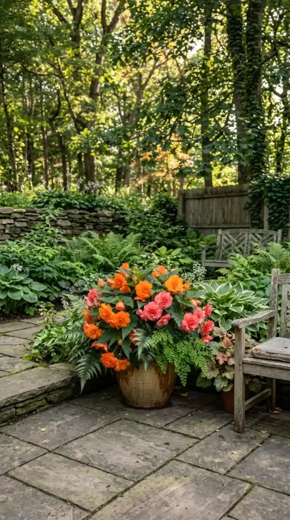 Container begonias in shade
