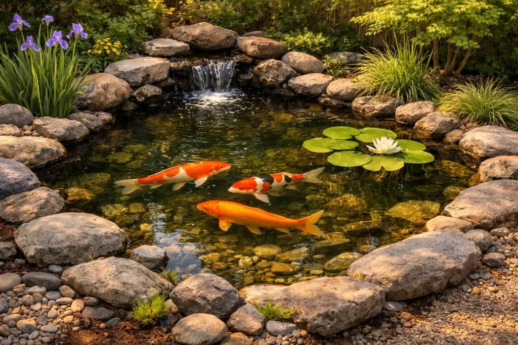 Naturalistic In-Ground Koi Pond With Rock
