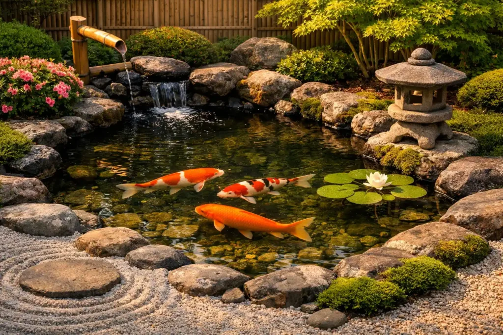 Japanese-Style Koi Pond With Bamboo