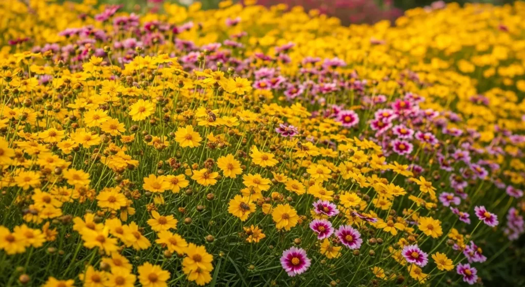 Coreopsis flowers in garden border
