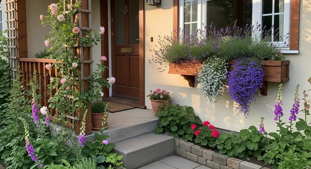 Cottage garden entryway with roses