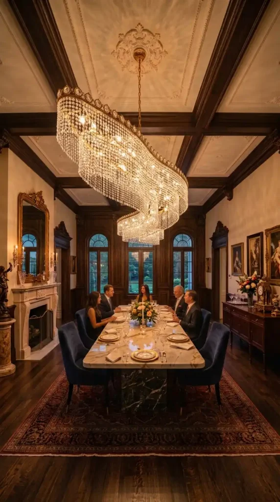 Crystal chandelier in dining room