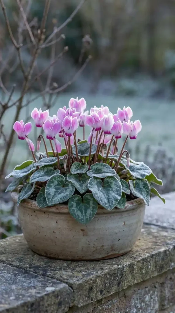 Cyclamen blooms in winter pot
