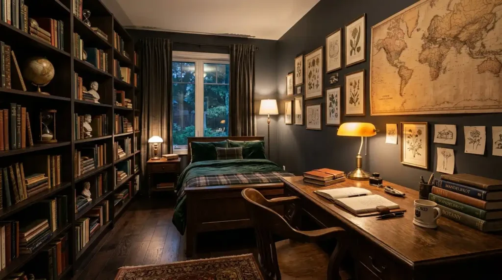 Dark academia teen bedroom study
