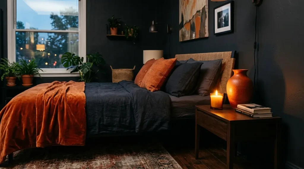 Dark bedroom burnt orange accents