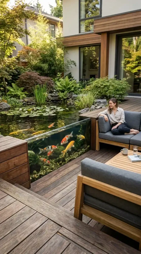 Deck integrated koi pond glass