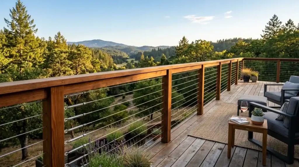 Deck railing wood posts cable