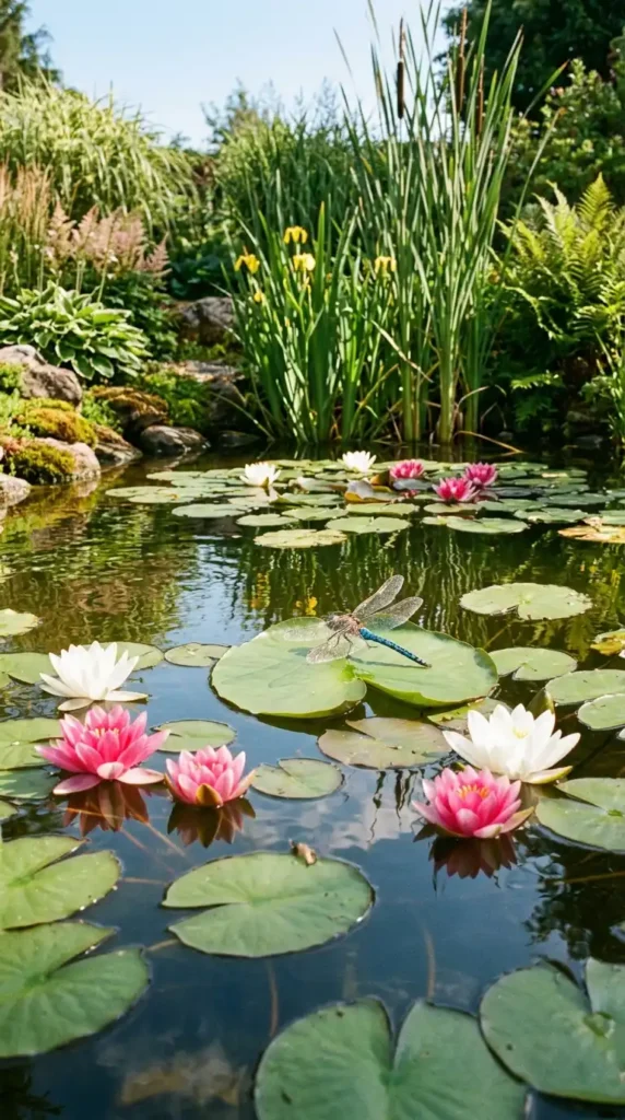 Dragonfly resting on water lily