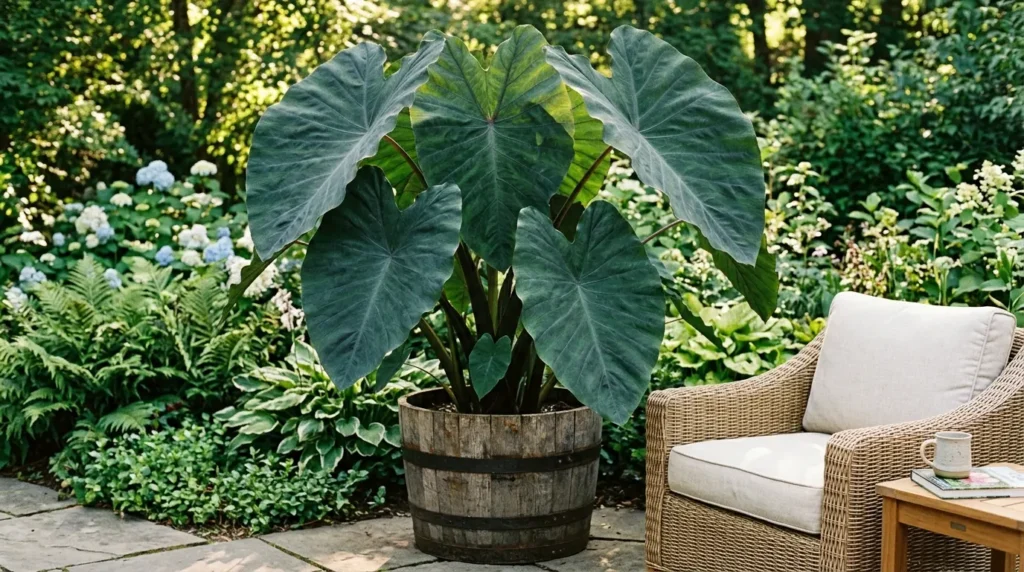 Elephant ear plant in container