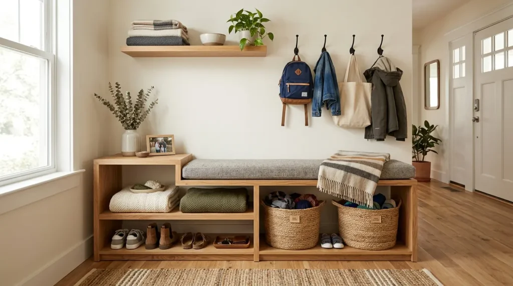 Entryway bench with open shelving