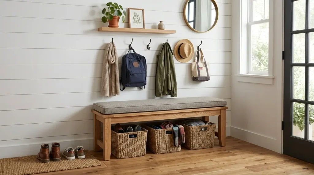 Entryway bench with storage baskets