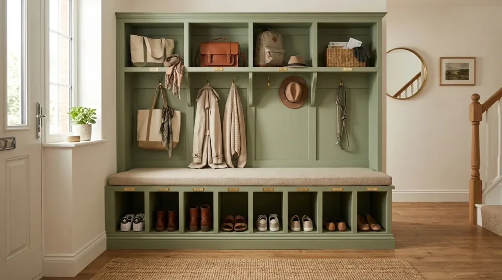 Entryway bench with storage cubbies