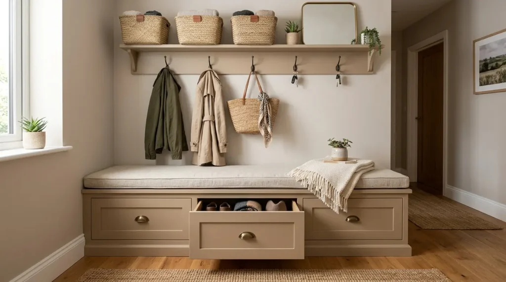 Entryway bench with storage drawers