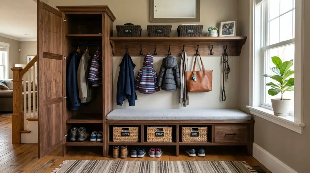 Entryway bench with storage hall