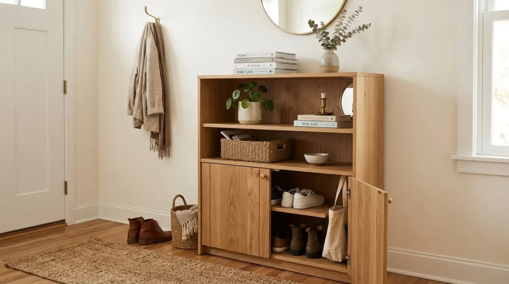 Entryway cabinet open shelving