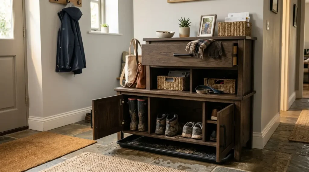 Entryway cabinet shoe storage tray